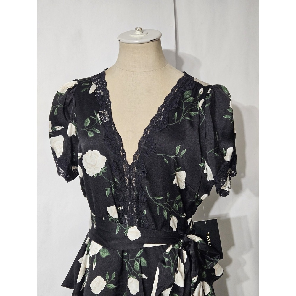 Taylor Women's Black Floral Short Sleeve V-neck Tie Waist Peplum Maxi Dress - Picture 6 of 16